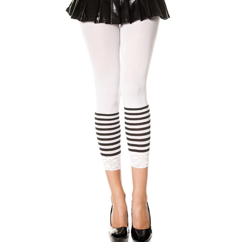 Opaque Legging with Stripes & Lace Trim - White