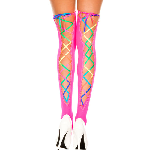 Rainbow Ribbon Lacing Neon Pink Opaque Stocking thigh Hi - O/S