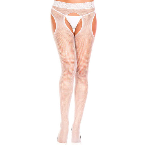 Seamless Fishnet Lace Top Suspender Pantyhose - White