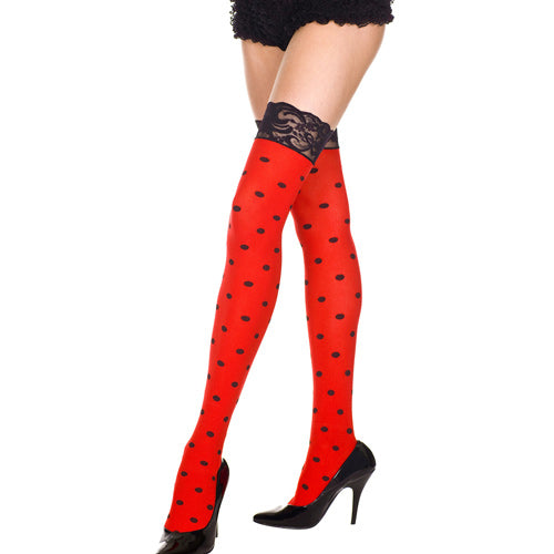 Opaque Polka Dot Lace Top Thigh Hi w/ Gloves - Black/Red - O/S