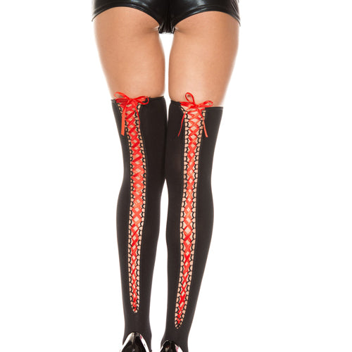 Lace Up Back Opaque Thigh Hi - Black/Red - O/S