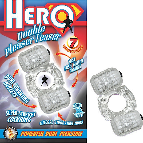 Hero Double Pleasure Teaser 7 Function Dual Vibrating Cock Ring - Clear