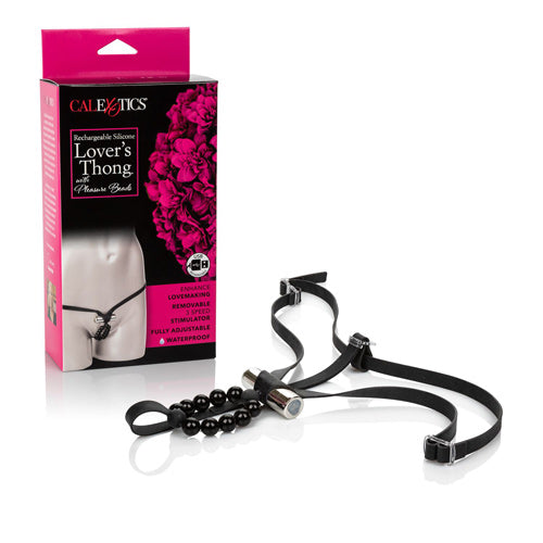Lover's Thong Rechargeable Stimulator with Pleasure Beads - Black